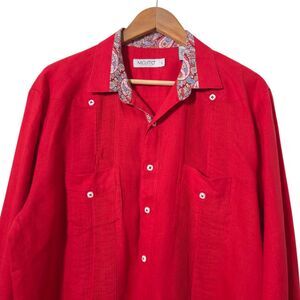 Mojito Collection Mens L Red Guayabera Shirt Linen Contrast Collar Long Sleeve